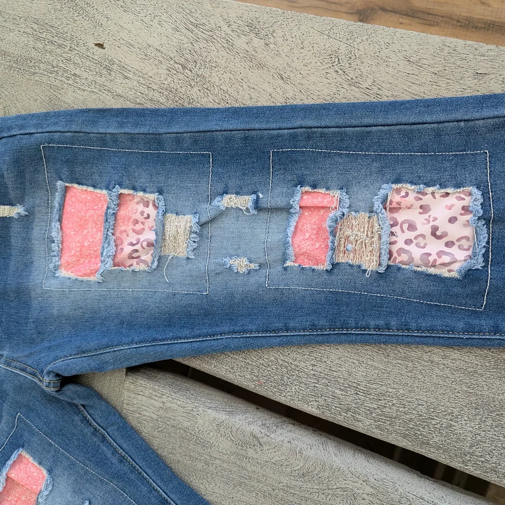 Women’s Blue Distressed Patchwork Jeans with Pink Accents Size M - Picture 3 of 16